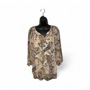 Fig and Flower Cream and Brown Paisley Blouse Sz 1x Ptp 22” 25” L